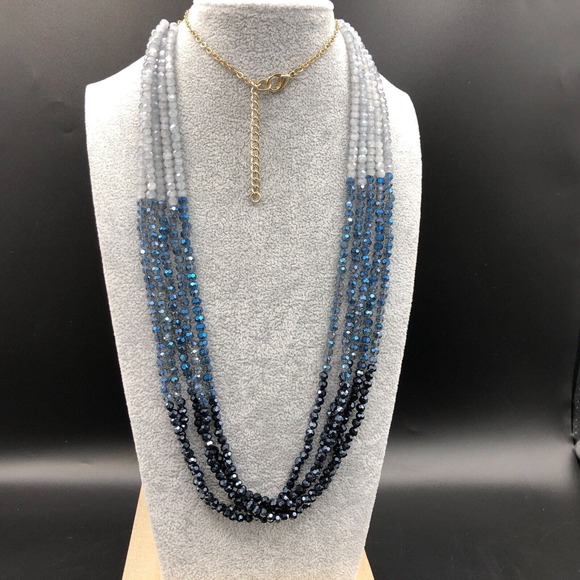 Glass Multi Strand Necklace Long Ombre Blue AB Faceted Bead Boho Gold Tone Chain - Picture 4 of 10